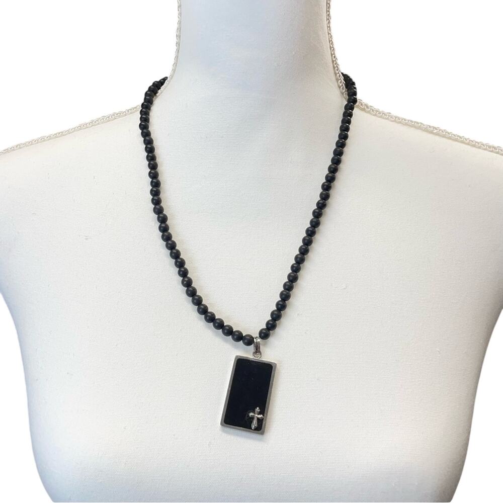 Silver Tone & Black Bead Rosary Beaded Long Necklace Cross Religious Jewelry